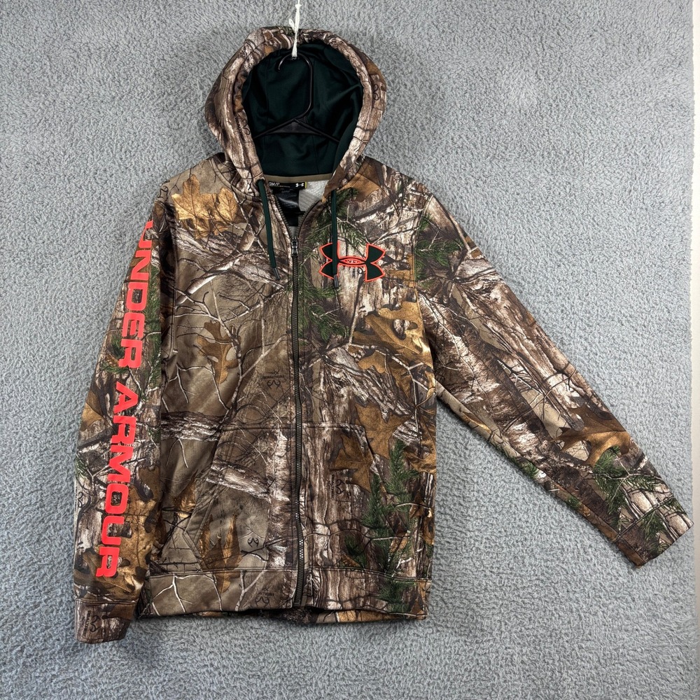 Under Armour Mens ColdGear Realtree Xtra Camo Full Zip Hoodie Small Orange Logo